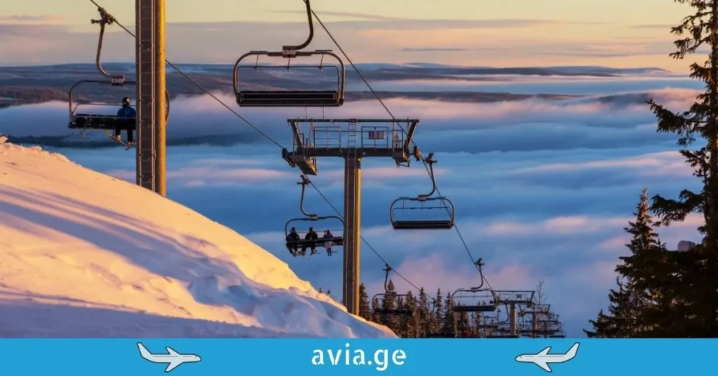 Bird's eye view of a luxury ski resort with snowy mountain peaks and ski slopes.