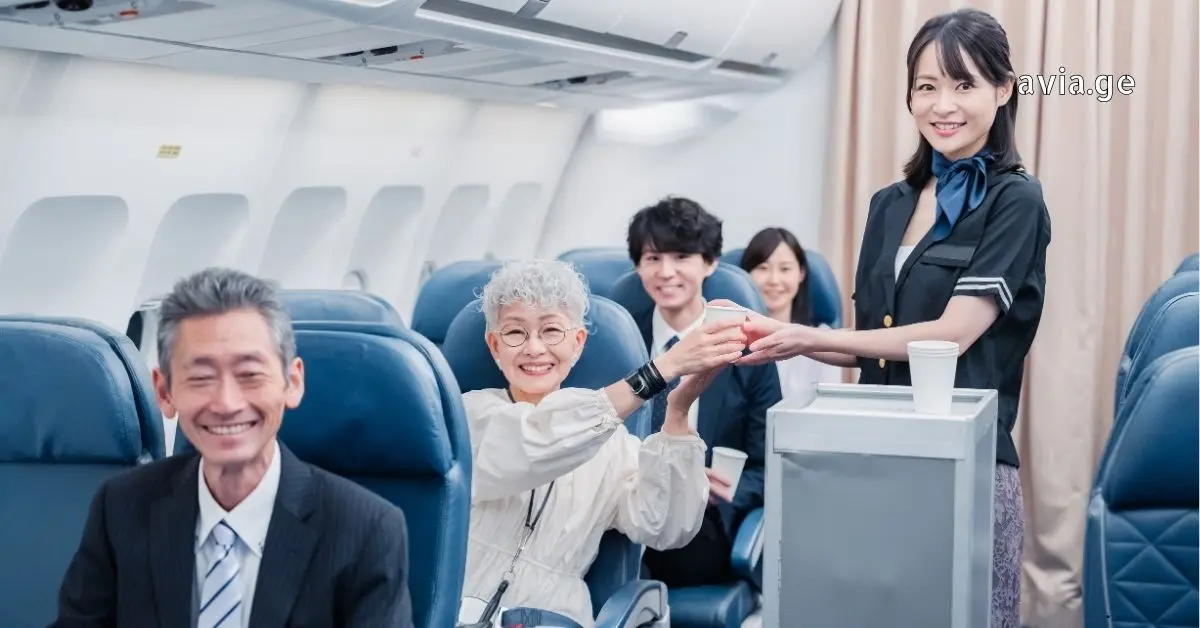 Flight attendant serving drinks to smiling passengers in an airplane cabin with avia.ge logo.