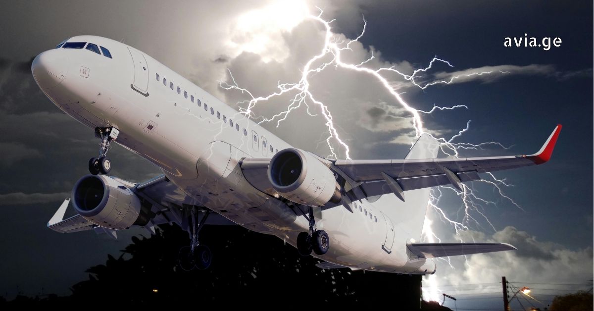 Airplane flying through a lightning storm