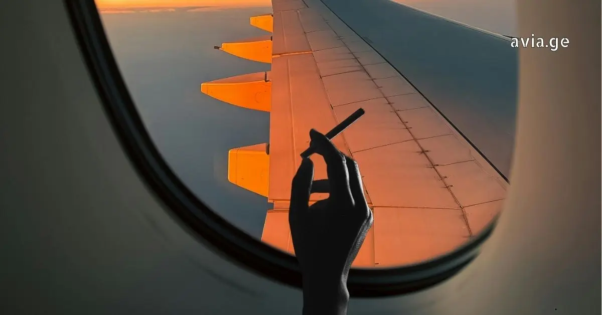 Silhouette of a hand holding a cigarette against an airplane window with the wing visible during sunset