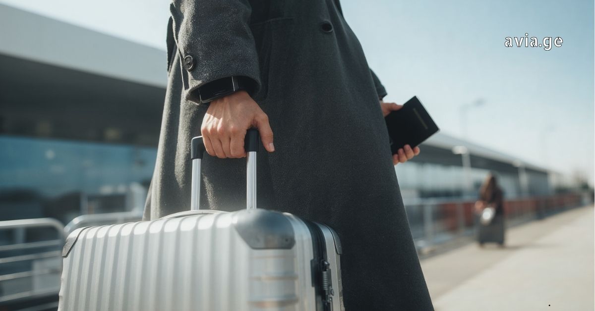 A person in a grey coat holding a silver suitcase handle and a dark passport while walking outside an airport, with the avia.ge logo in the corner.