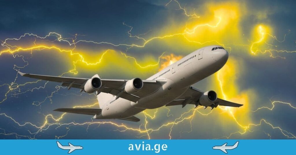 Airplane flying through intense yellow lightning strikes