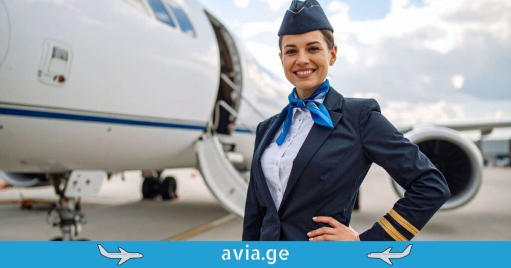 Smiling flight attendant in uniform standing in front of an airplane at the airport with avia.ge logo.