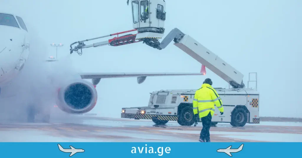 Airplane de-icing process at winter airport during snow for flight safety.