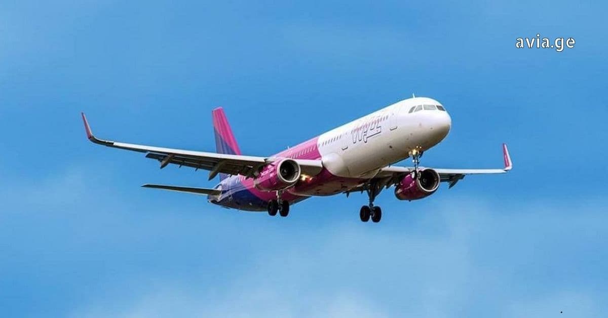 Wizz Air plane in flight during landing with landing gear down.