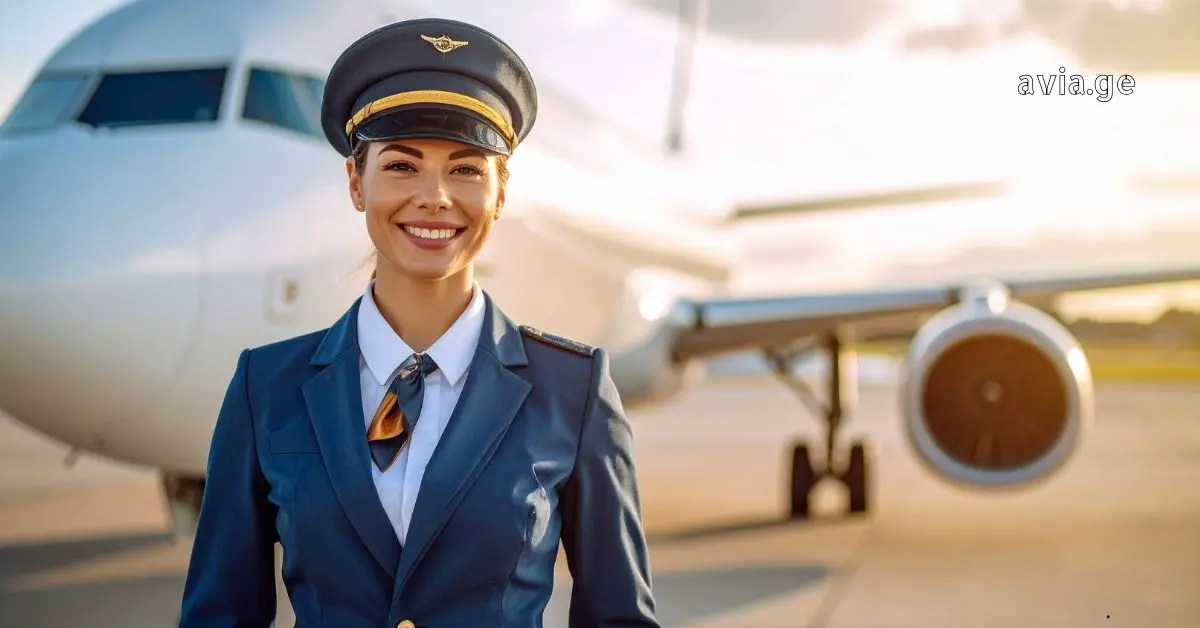Close-up portrait of a smiling female airline pilot in a dark blue uniform and gold-trimmed cap with a commercial plane in the background.