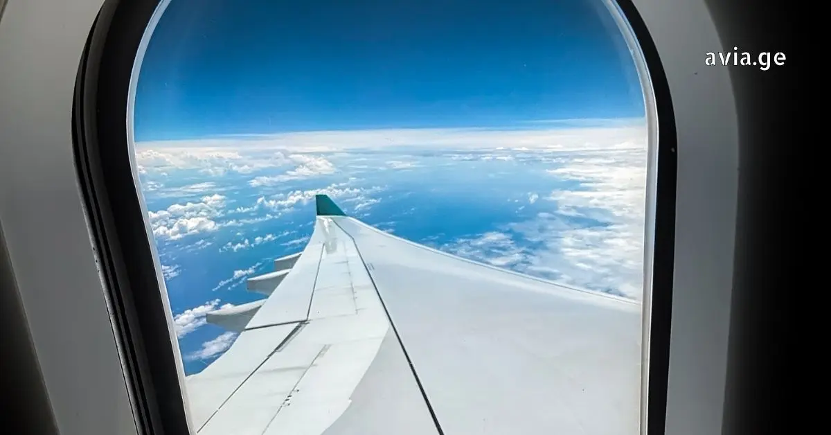 Airplane wing view above clouds