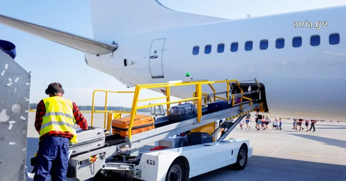 Ground crew handling luggage at the aircraft