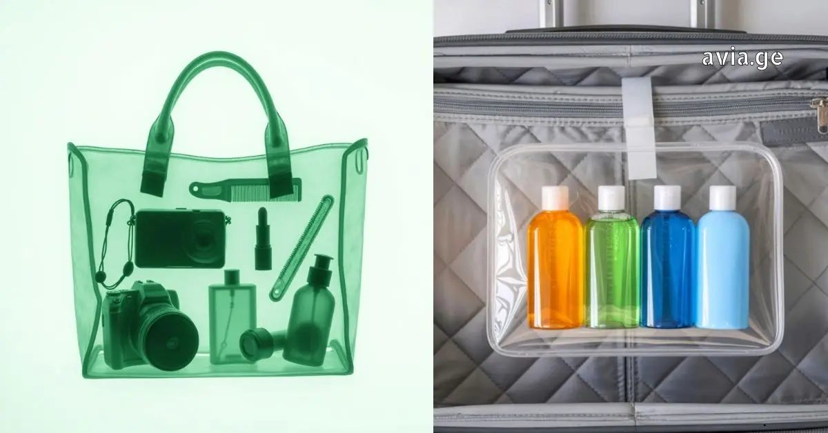 A split image showing an X-ray style view of a handbag with electronics and a clear bag with four colorful 100ml liquid bottles inside a suitcase.