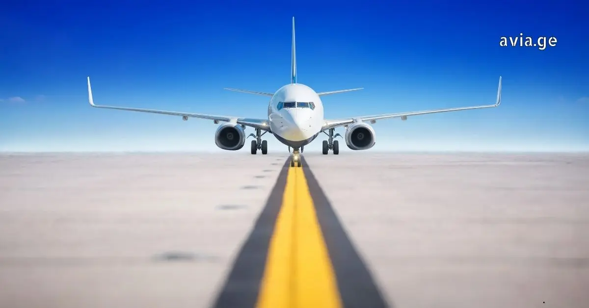 Front view of a passenger airplane taxiing on a runway.