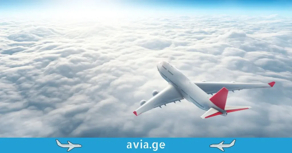 A Boeing 747 airplane with red tail fins flying above a vast field of clouds, with a bright sunlight at the horizon and an avia.ge website banner.