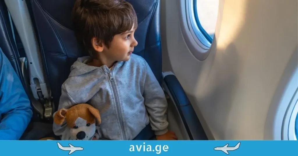 A little boy in a grey hoodie sitting in an airplane seat, holding a stuffed dog toy and looking out the window.