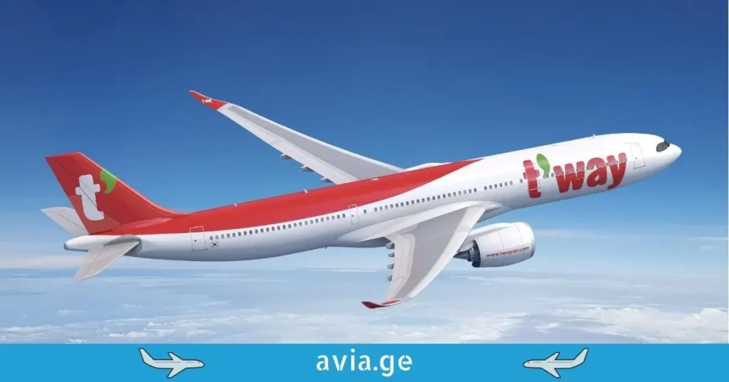 T'way Air Airbus A330 aircraft flying in the blue sky.