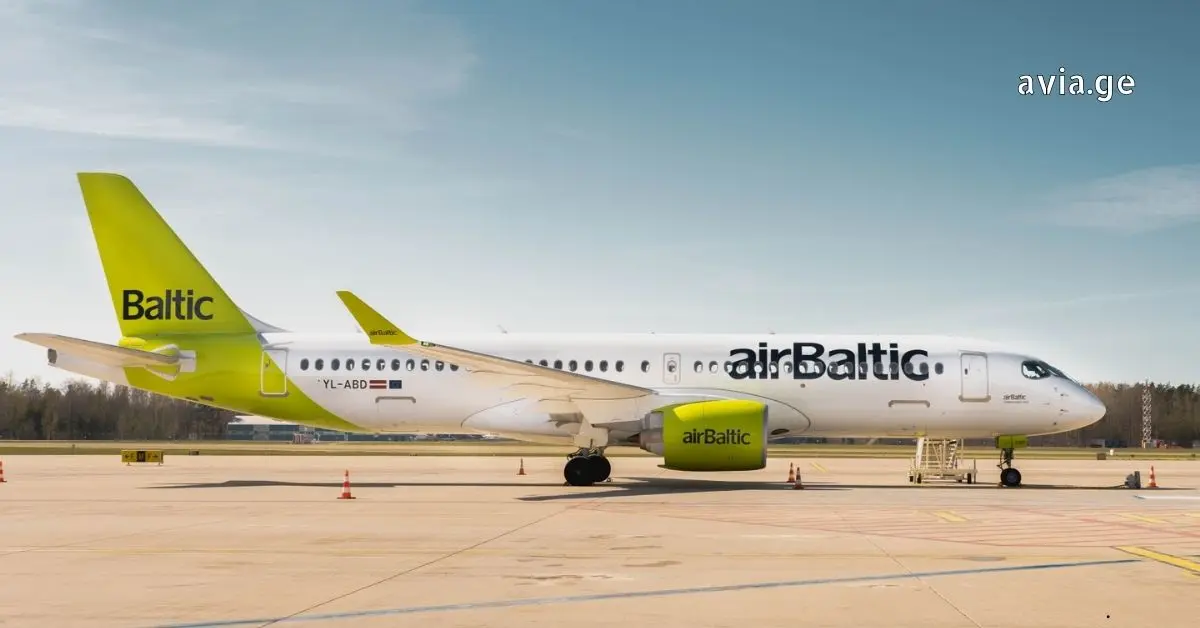 airBaltic-ის თვითმფრინავი Airbus A220-300 აეროპორტში, avia.ge-ის ლოგოთი.