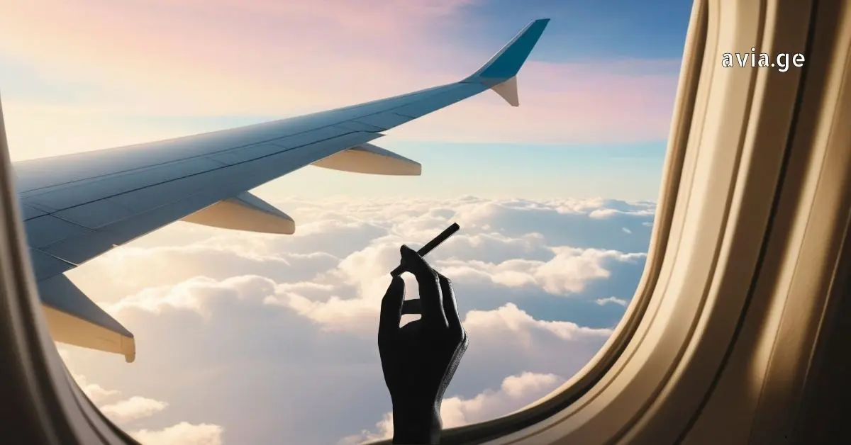 ხელი სიგარეტით თვითმფრინავის ფანჯარასთან, avia.ge-ს ლოგო, ფრენისას მოწევის აკრძალვის თემაზე.