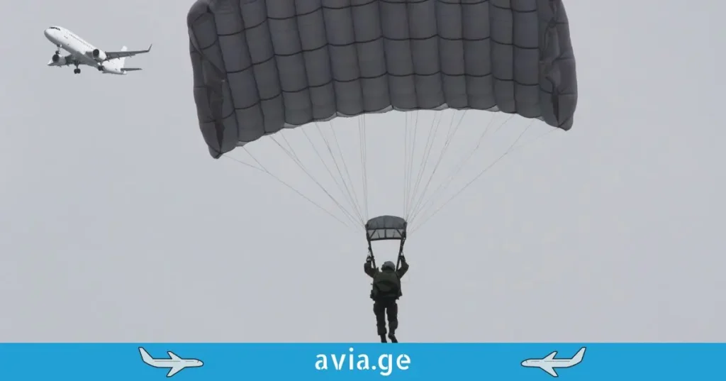 პარაშუტისტი ღია ნაცრისფერი პარაშუტით და მფრინავი სამგზავრო თვითმფრინავი ცაში, "avia.ge" ლოგოთი ქვემოთ.