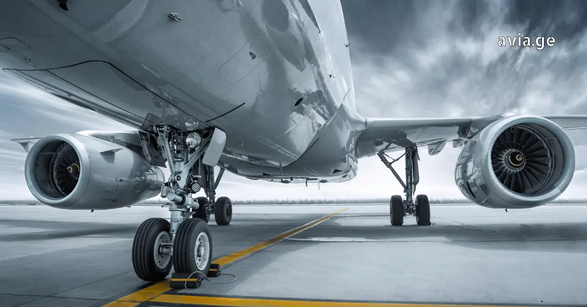 თვითმფრინავის ბორბლები და ძრავები ასაფრენ ბილიკზე, avia.ge-ს ლოგოთი.