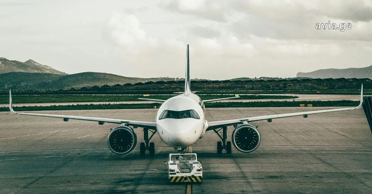 თვითმფრინავი აეროპორტის ასაფრენ ბილიკზე, წინა ხედი, მთების ფონზე.