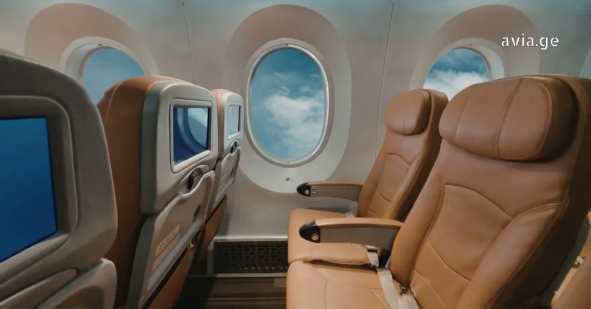 თვითმფრინავის სალონი, ტყავის სავარძლები, ფანჯრიდან ჩანს ღრუბლები