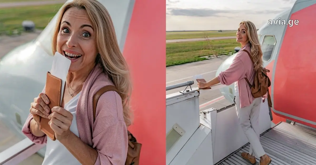 გაოცებული და ბედნიერი ქალი თვითმფრინავის ბორტზე ასვლისას ბილეთით ხელში - avia.ge